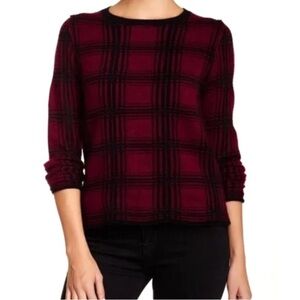 360 Cashmere| Oxblood Red and Black Plaid Cashmere Sweater